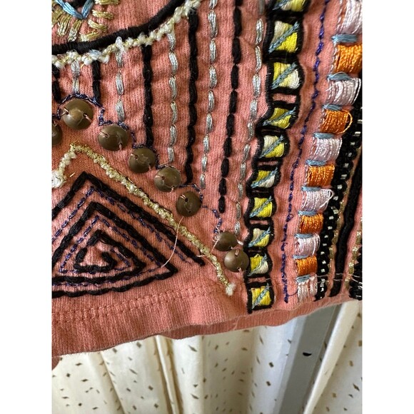 Anthropologie Akemi + Kin Peach Embroidered Bohemian Crew Neck Sweatshirt S - Picture 7 of 9